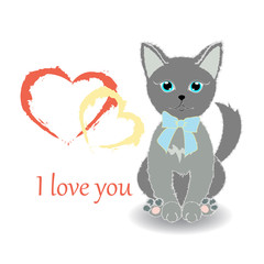 Obraz premium Cute kitten wishes happy Valentine's Day. Text- I love you. Illustration. Vector.