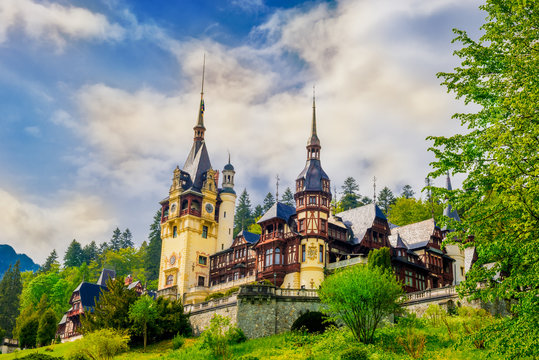 Beautiful residential Palace of Romanian King Royal family in Sinaia town, spring season - Romania