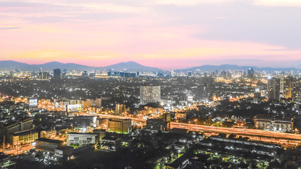 Fototapeta na wymiar Panorama light of cityscape at golden hour