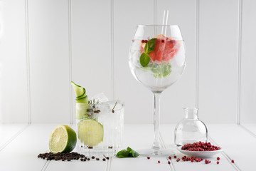 fancy gin and tonic selection drink alcohol cocktail craft fresh fruit spices mint glass bar 