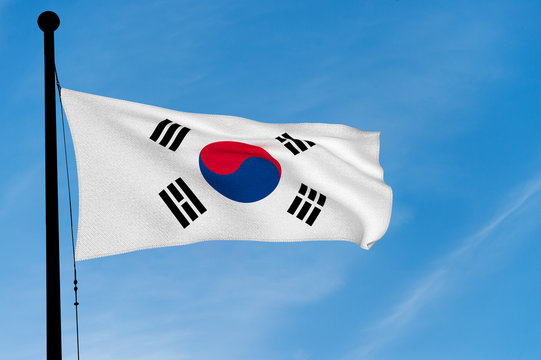 South Korea Flag waving over blue sky (digitally generated image)