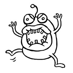 Cute angry cartoon alien is attack. Vector illustration.