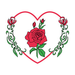red rose in heart shape for valentine's day, vintage flower style vector illustration on white background