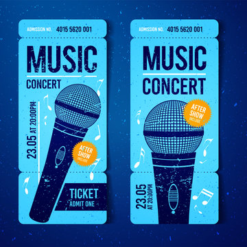 Vector Illustration Blue Music Concert Ticket Template with Microphone