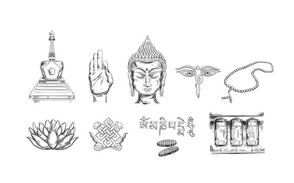 Buddhism icons collection. Spirituality,Yoga print. Vector hand drawn illustration. Sketch style. Ritual objects with Buddha head