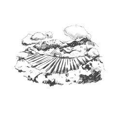 Vineyard landscape. Vector hand drawn illustration. Sketch style