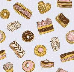 Hand drawn  vector background with cakes, cookies and other sweets. Seamless pattern with desserts.