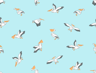 Hand drawn seamless pattern with pelicans. Vector background with birds.