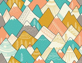 Gordijnen Naadloze patroon met bergen in Scandinavische stijl. Decoratieve achtergrond met landschap. Handgetekende ornamenten. © Utro na more