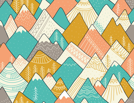 Seamless pattern with mountains in scandinavian style. Decorative background with landscape. Hand drawn ornaments.