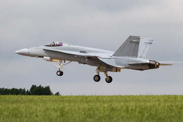 Fototapeta na wymiar Kampfjet - Landung nach erfolgreicher Mission in grüner Wiese