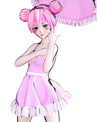 3D sexy anime doll girl big blue eyes and bright makeup. Pink dress. Cartoon, comics, sketch, drawing, manga illustration. Conceptual fashion art. Seductive candid pose.