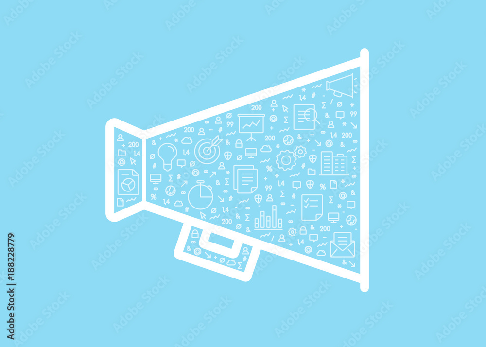 Poster Marketing vector symbol filled with small icons isolated on light blue background.