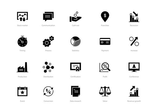 Set of black solid business icons isolated on light background. Contains such icons Production, Certification, Process, Event, Profit and more.