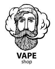 Hipster with vape and cloud. isolated vaper men on black vector background. Hand-drawn hipster dude with mustache and beard. Electronic Cigarette. Vector. Sticker