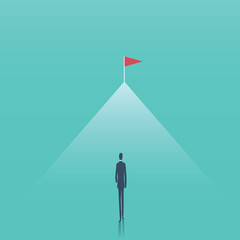 Business goal and challenge vector concept. Businessman walking towards top of the mountain. Symbol of aspiration, future, progress, achievement, motivation.