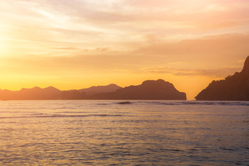 Fototapeta na wymiar Helicopter island view at beautiful sunset on El Nido bay, Palawan island, Philippines