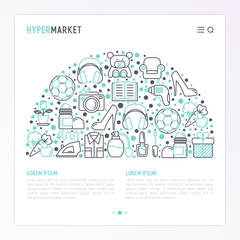 Fototapeta na wymiar Hypermarket concept in half circle with thin line icons: apparel, sport equipment, electronics, perfumery, cosmetics, toys, food, appliances. Modern vector illustration for web page template.