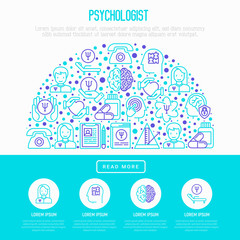 Psychologist concept in half circle with thin line icons: psychiatrist, disease history, armchair, pendulum, antidepressants, psychological support. Vector illustration, web page template.