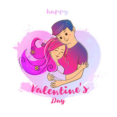 Valentines day card with lovers and heart. Card with text. Isolated on white background. Cartoon style. Vector illustration