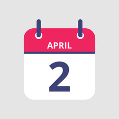 Flat icon calendar 2nd of April isolated on gray background. Vector illustration.