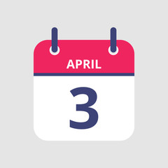 Flat icon calendar 3rd of April isolated on gray background. Vector illustration.
