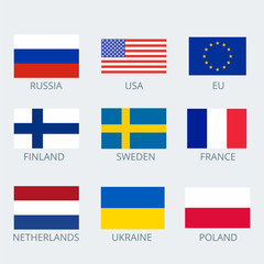 Icons set of various country's flags. Collection flags of Russia, European Union, Finland, Sweden, France,  Netherlands, USA, Ukraine and Poland. Vector illustration