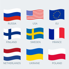Icons set of various country's flags. Collection flags of Russia, European Union, Finland, Sweden, France,  Netherlands, USA, Ukraine and Poland. Vector illustration