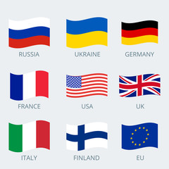Icons set of various country's flags. Collection flags of Russia, European Union, Ukraine, Germany, France, USA, UK, Italy and Finland. Vector illustration