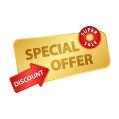 Gold Best offer banner. Super sale discount tag. Golden website label on a white background. Web page design element. Abstract vector illustration.