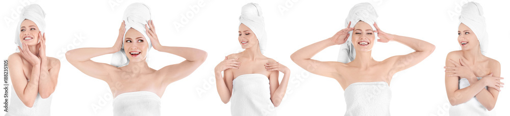 Wall mural Collage with young beautiful woman and soft towels on white background