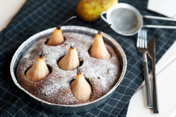 Homemade chocolate cake with pears