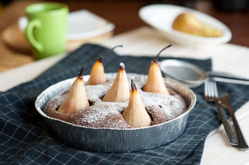 Homemade chocolate cake with pears