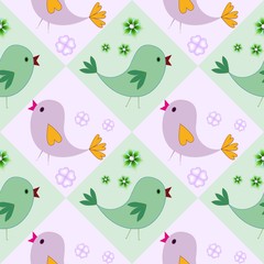  Happy Easter. Seamless  pattern with birds. Childish illustration in cartoon style...Color  green, purple,