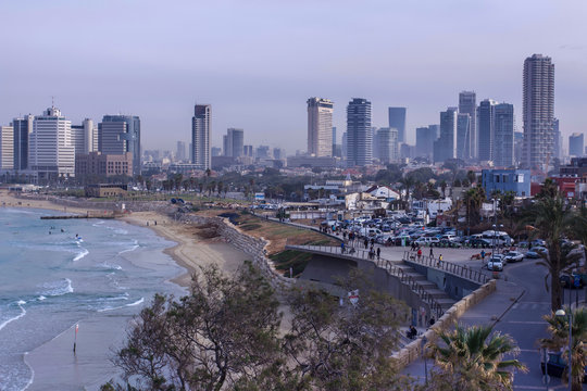 Tel Aviv beach and city Skyline  in the morning mist Israel