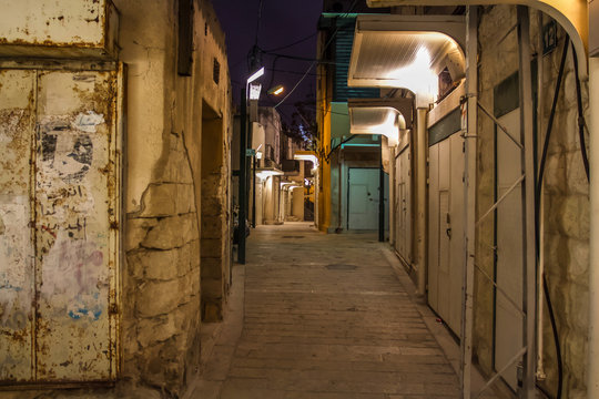 empty bazaar alley in Nazareth at night
