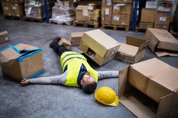 Warehouse worker after an accident in a warehouse.
