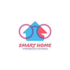 Color geometrical smart technology in house corporate symbol. Clever home icon with spectacles and man face profile, overlapping shapes intersection concept.