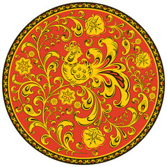 Round ornament with big bird, branches and flowers on a red background in the style of Russian folk painting Khokhloma.