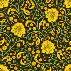 Seamless pattern with flowers and branches on a black background in the style of Russian folk painting.