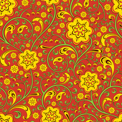 Seamless pattern with flowers and branches on a red background in the style of Russian folk painting.