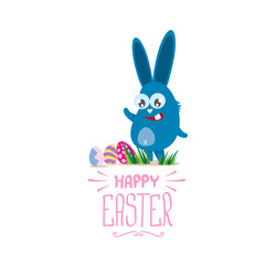 vector happy easter greeting card with color eggs, funny easter bunny and hand drawn text isolated on white background. vector spring easter background