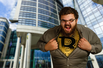 Businessman superhero with sunset in city