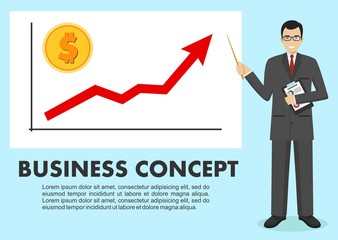 Business concept. Businessman near whiteboard and pointing on the chart of finance analytics. Graph with trend line rising up and coin with a sign of dollar in flat style isolated. Vector illustration