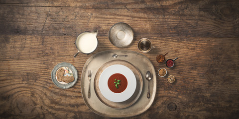 Fototapeta premium fresh vegetable salad and fruit and diet meal top view