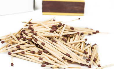 Match sticks with brown heads in stacks .  Matches texture background