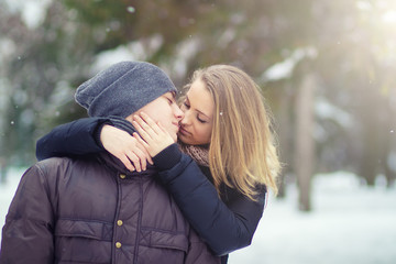 Happy Young Couple in Winter Park