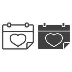 Lovely calendar line and glyph icon, valentines day and romantic, love date sign vector graphics, a linear pattern on a white background, eps 10.
