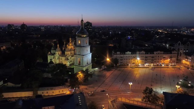 Night view of Sophia Square, Kiev (Kyiv), Ukraine. Aerial drone shot.