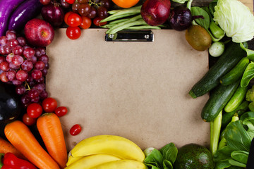 Vegetable and fruit put on paper pad empty space for text, healthy eating, vegetarian, clean food and salad bar concept.